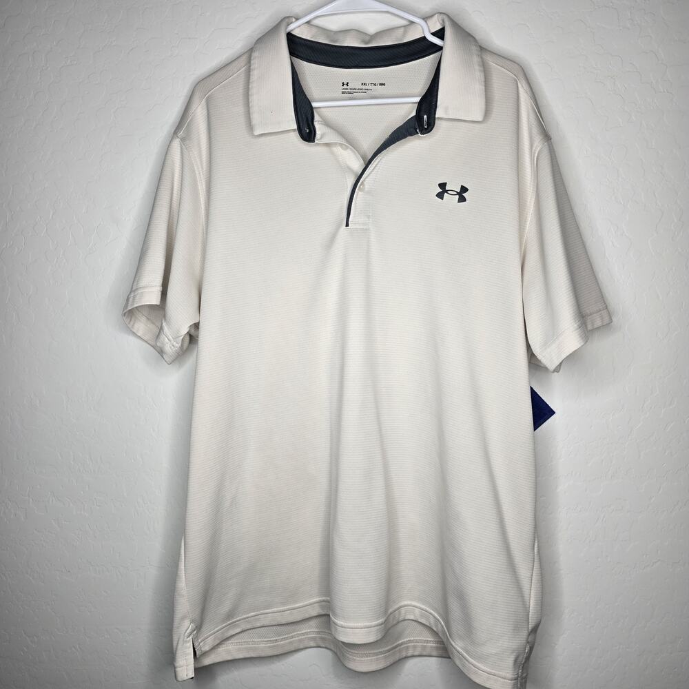 UnderArmour Mens Polo Shirt Ivory Heatgear Performance Golf Short Sleeve XXL